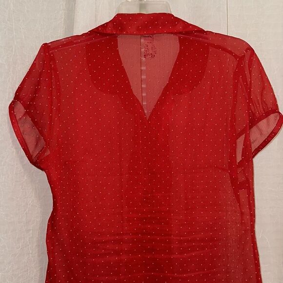 Guess L Red Textured Polka Dot Romantic Sheer Short Sleeve Collared Blouse - Picture 4 of 16